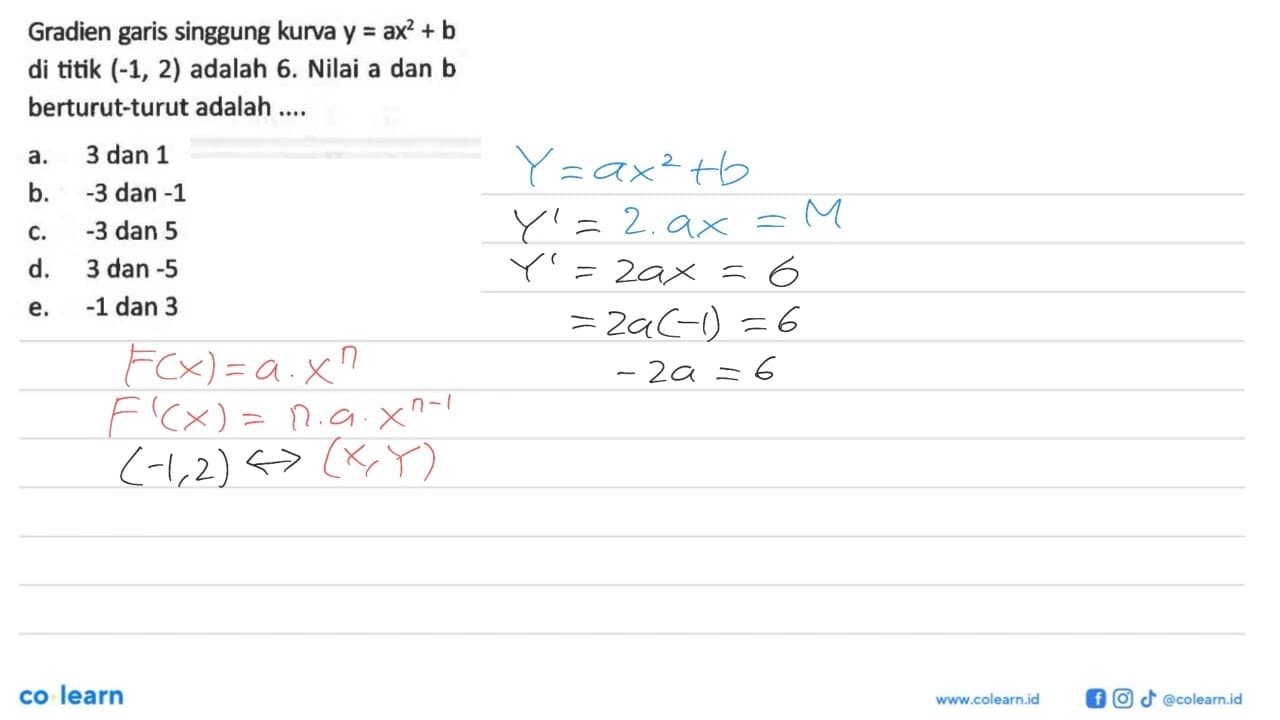 Gradien garis singgung kurva y=ax^2+b di titik (-1,2)