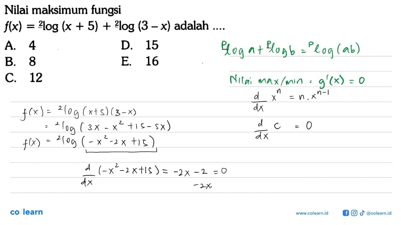 Nilai maksimum fungsi f(x)= 2log (x + 5) + 2 log(3-x)