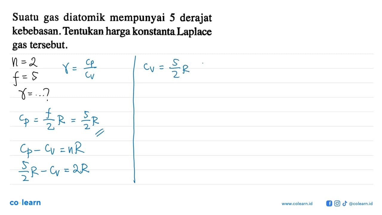 Suatu gas diatomik mempunyai 5 derajat kebebasan. Tentukan