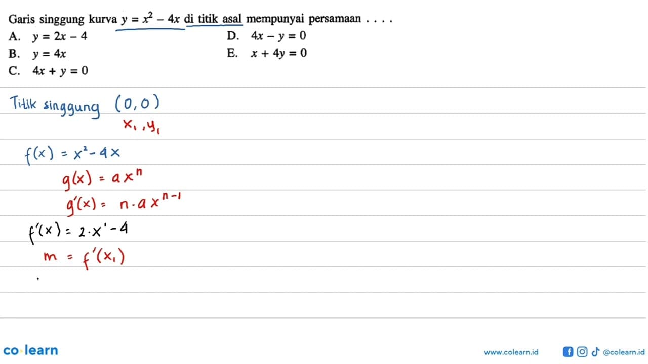 Garis singgung kurva y=x^2-4x di titik asal mempunyai
