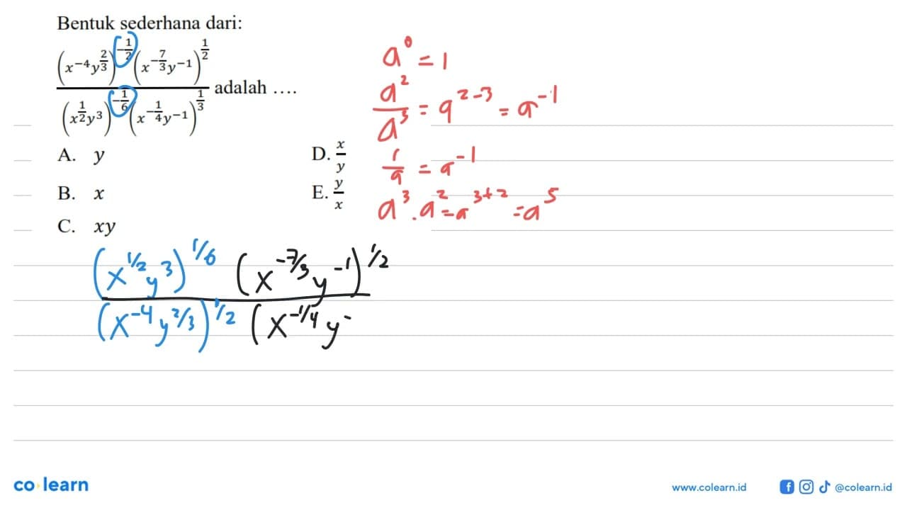 Bentuk sederhana dari: ((x^(-4) y^(2/3))^(-1/2))(x^(-7/3)