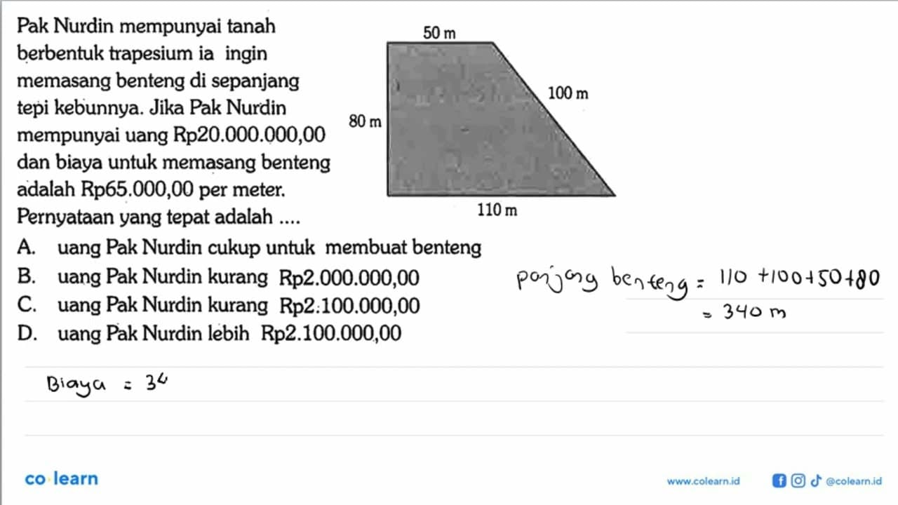 Pak Nurdin mempunyai tanah berbentuk trapesium ia ingin