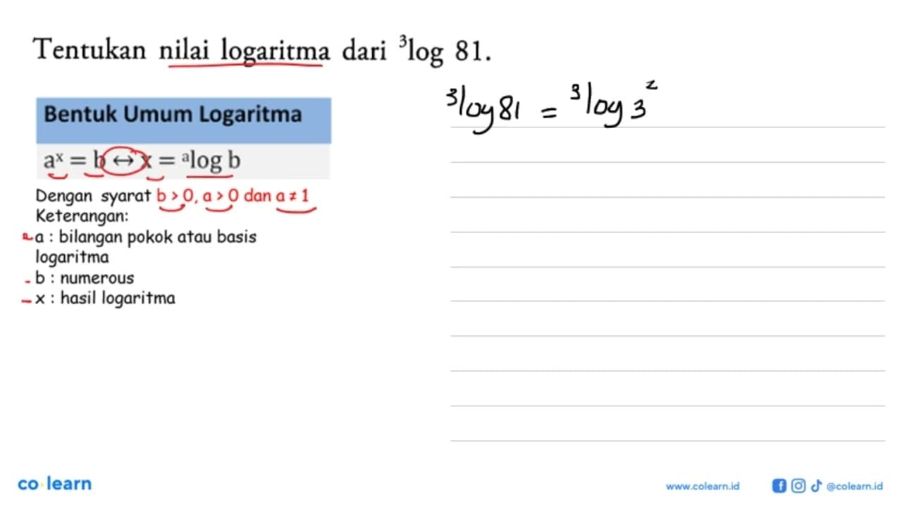 Tentukan nilai logaritma dari 3log81.