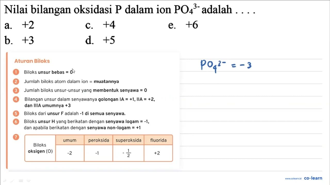 Nilai bilangan oksidasi kg dalam ion PO4 ^3- adalah .... a.