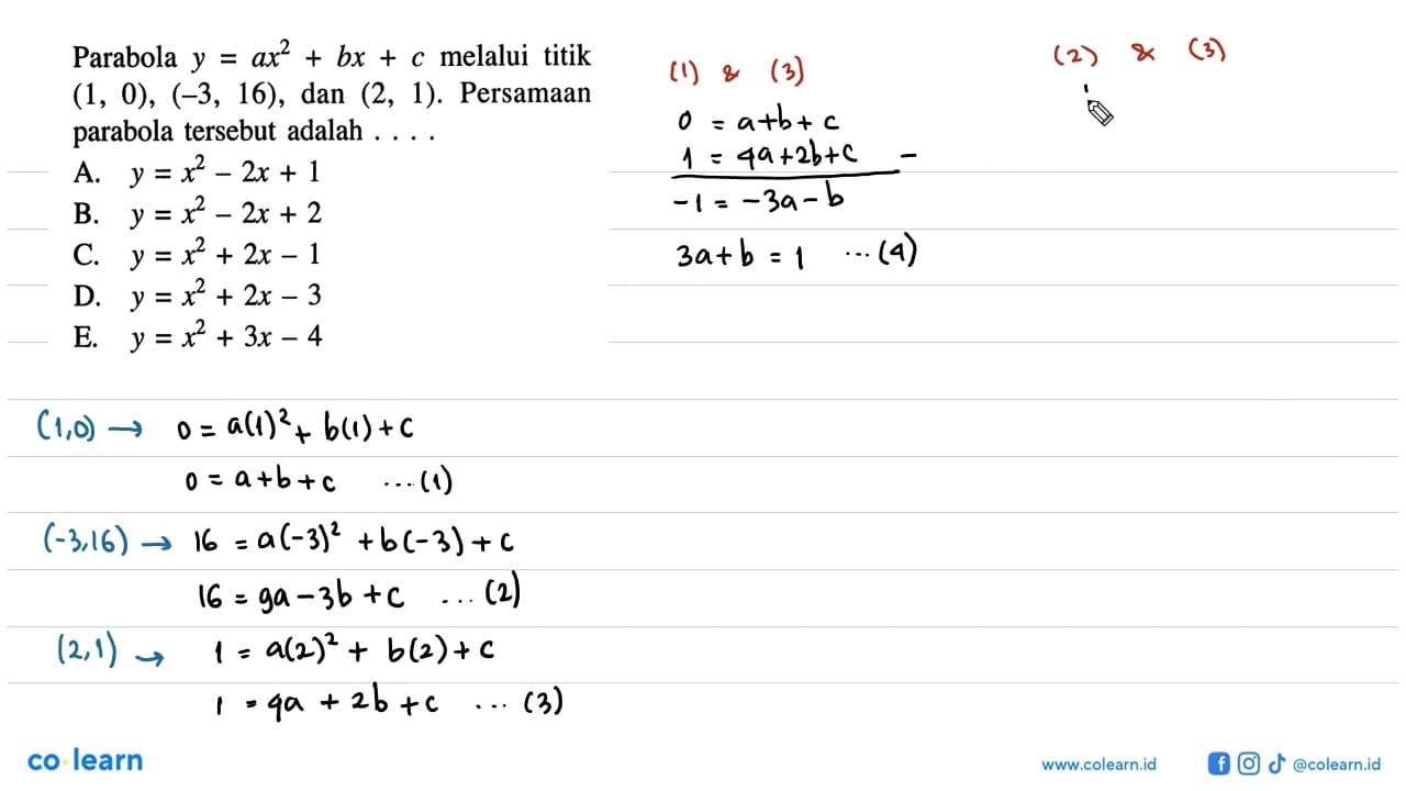 Parabola y=ax^2+bx+c melalui titik (1,0), (-3,16), dan