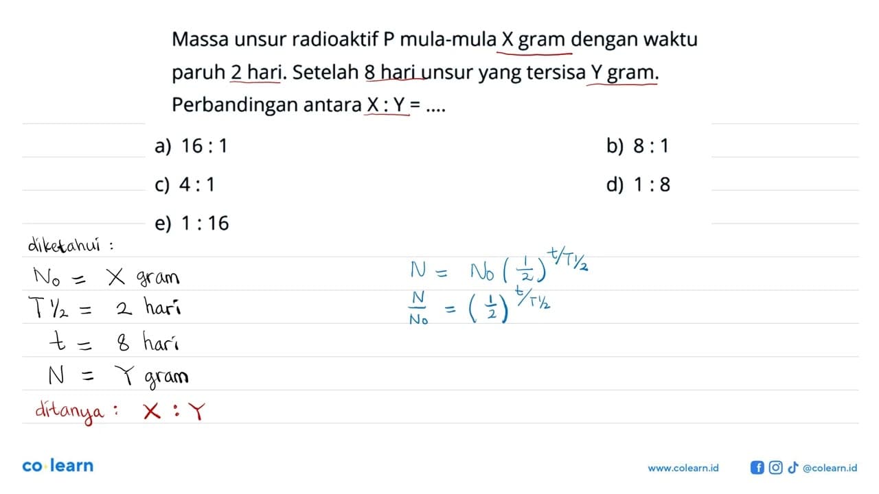 Massa unsur radioaktif P mula-mula X gram dengan waktu