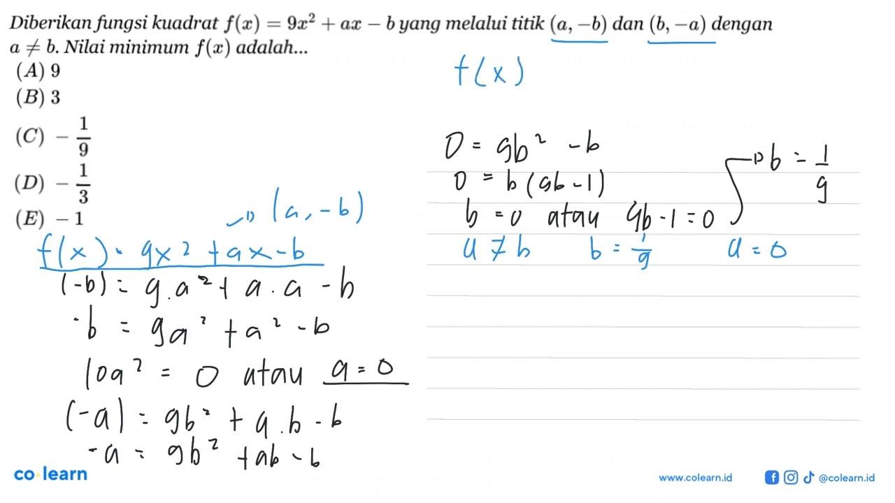 Diberikan fungsi kuadrat f(x)=9x^2+ax-b yang melalui titik