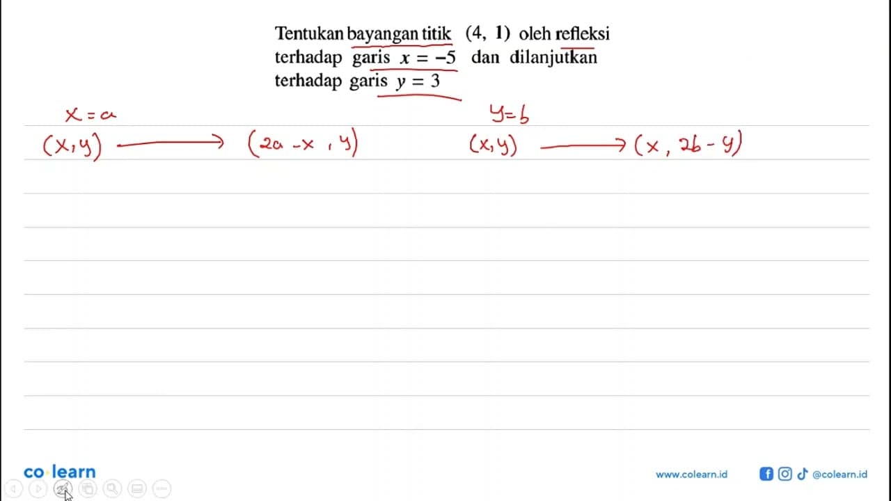 Tentukan bayangan titik (4,1) oleh refleksi terhadap garis