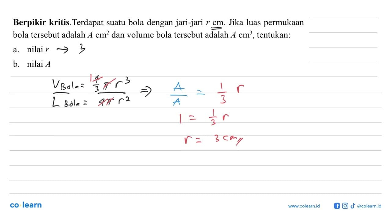 Berpikir kritis.Terdapat suatu bola dengan jari-jari r cm .