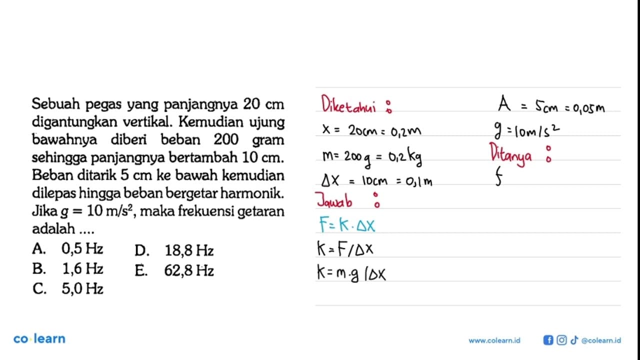 Sebuah pegas yang panjangnya 20 cm digantungkan vertikal.