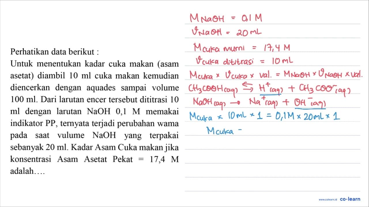 Perhatikan data berikut: Untuk menentukan kadar cuka makan