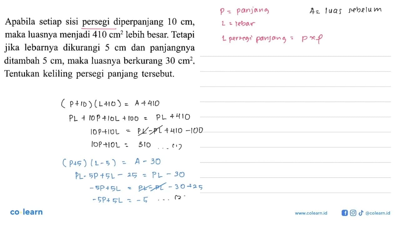 Apabila setiap sisi persegi diperpanjang 10 cm, maka