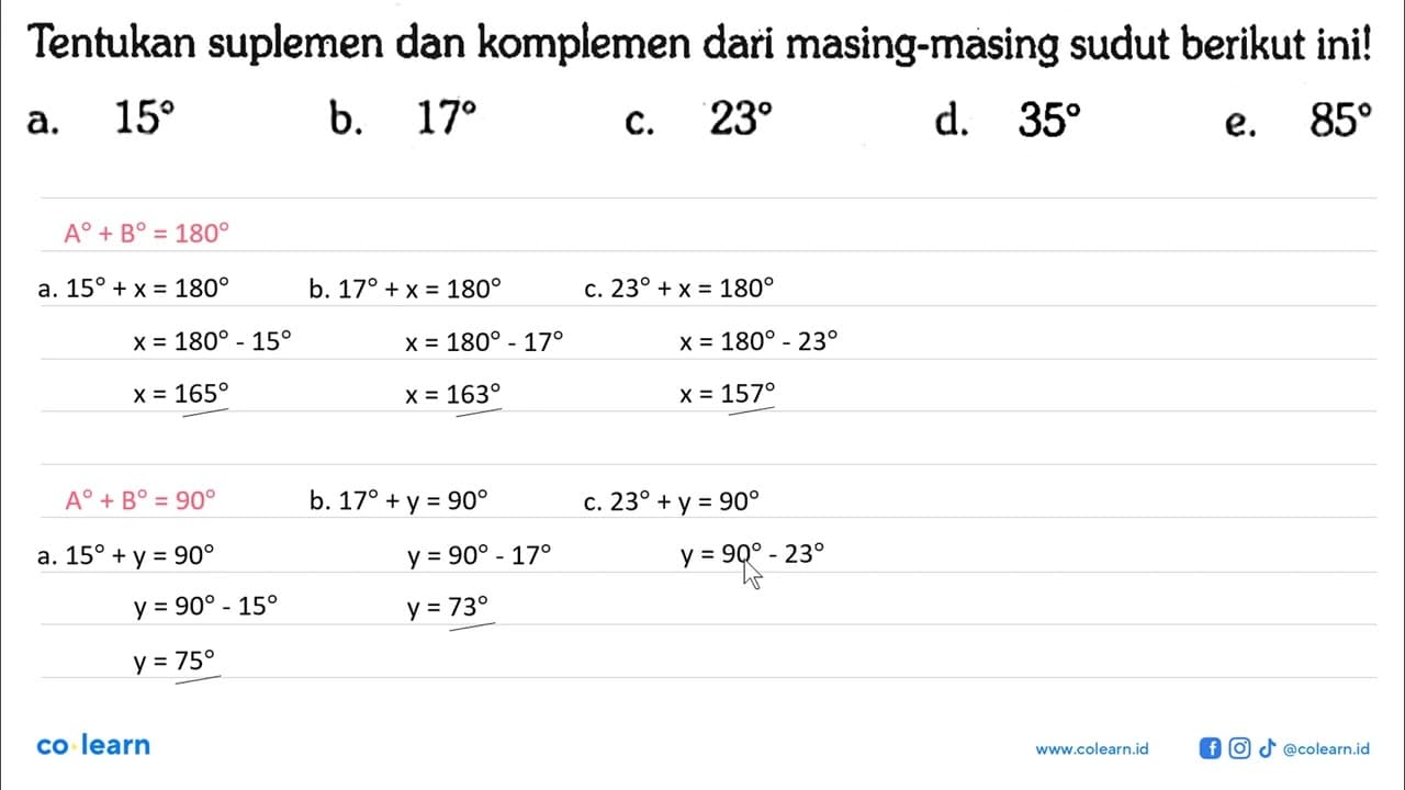 Tentukan suplemen dan komplemen dari masing-masing sudut