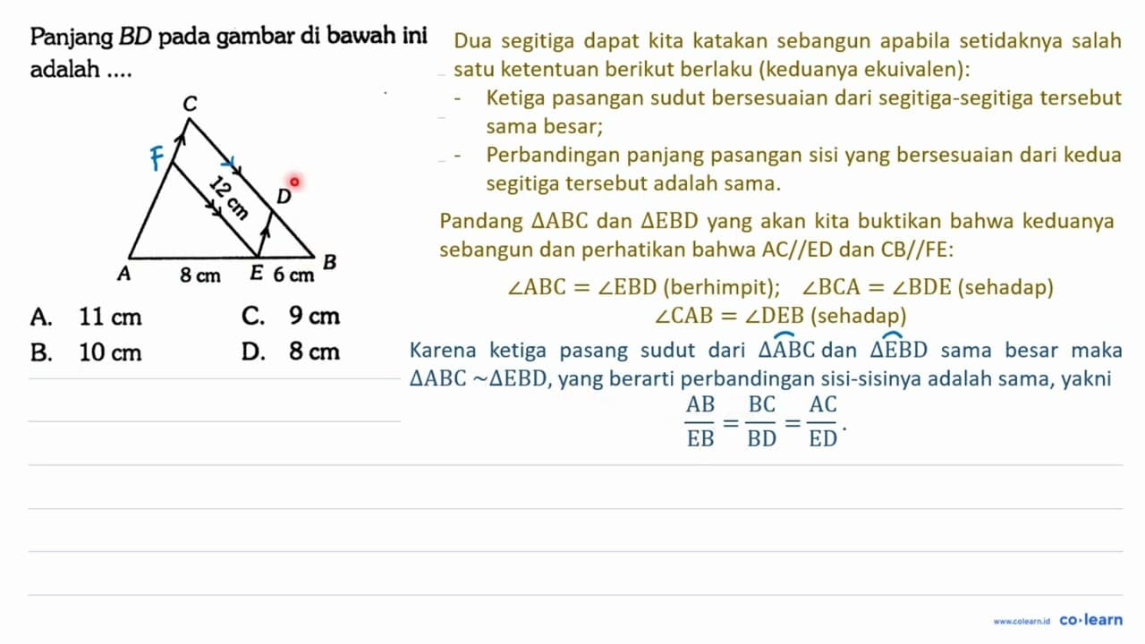 Panjang BD pada gambar di bawah ini adalah .... 12 cm 8 cm