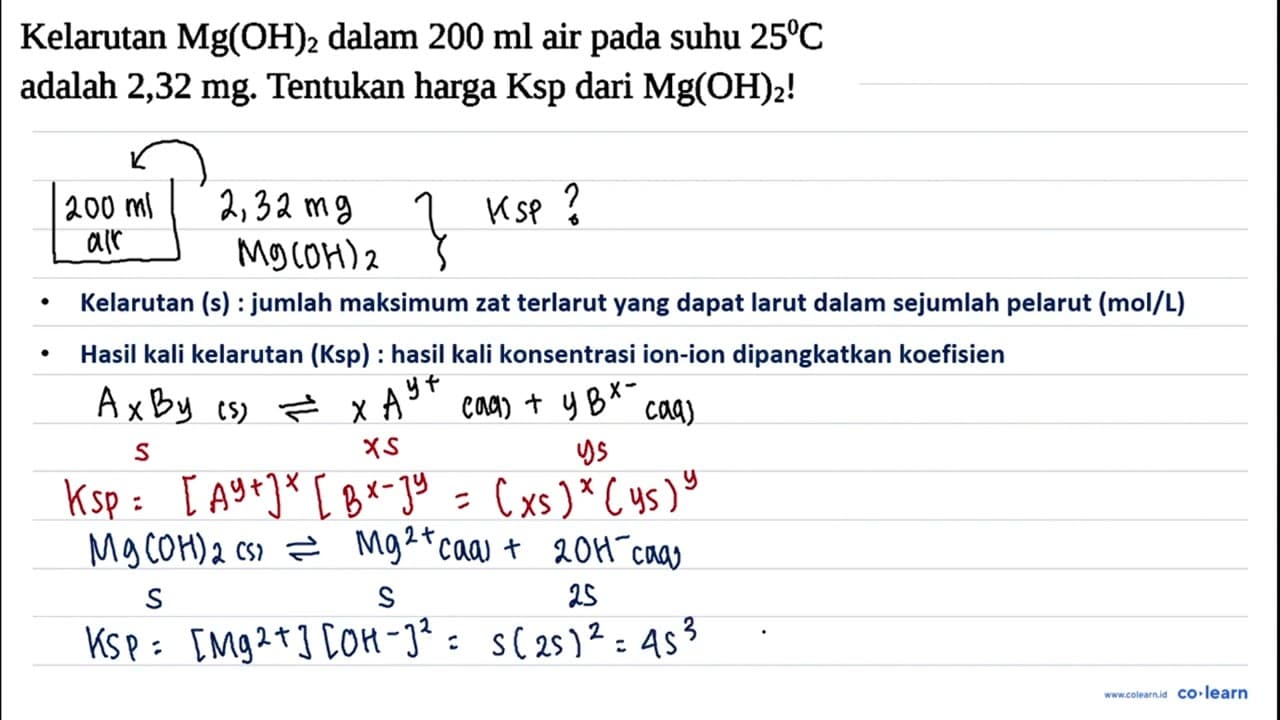 Kelarutan Mg(OH)_(2) dalam 200 ml air pada suhu 25 C adalah