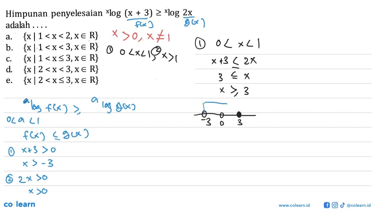 Himpunan penyelesaian xlog(x+3)>=xlog(2x) adalah ....