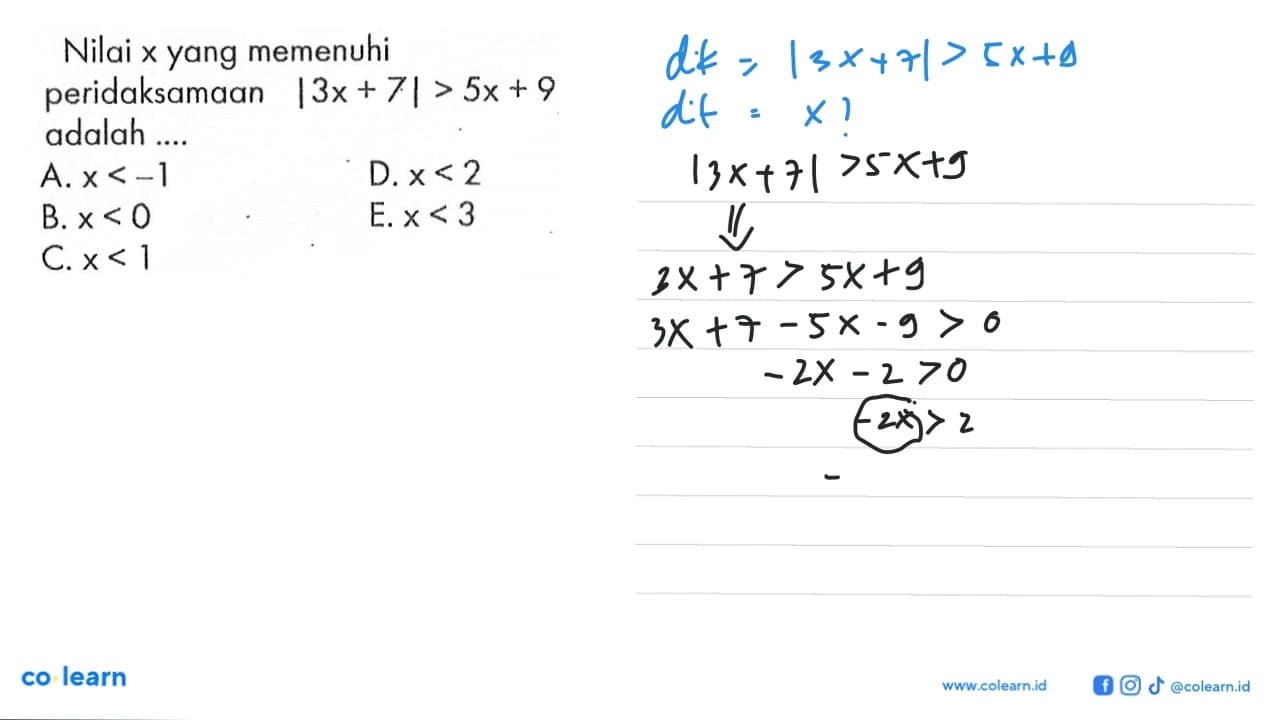 Nilai x yang memenuhi pertidaksamaan \3x+7|>5x+9 adalah