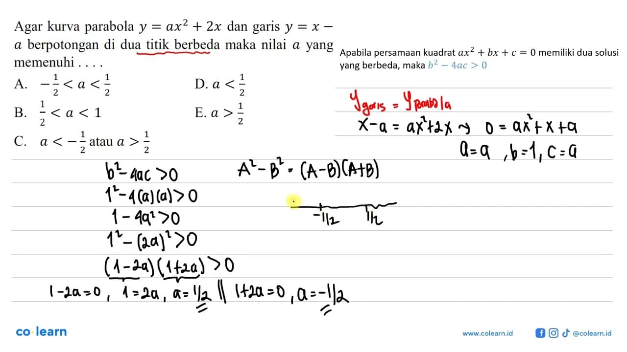 Agar kurva parabola y=a x^2+2 x dan garis y=x-a berpotongan