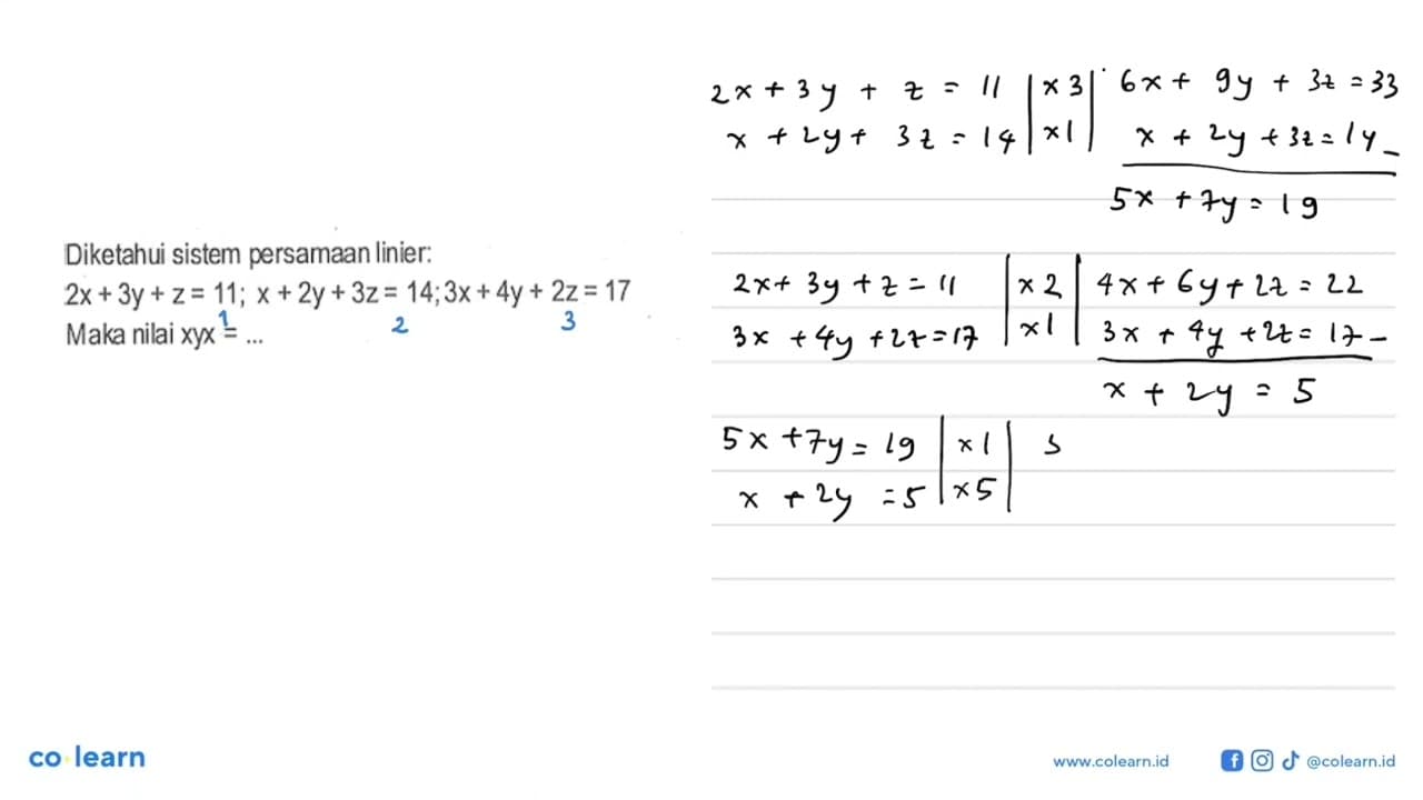 Diketahui sistem persamaan linier: 2x+3y+z=11; x+2y+3z=14;