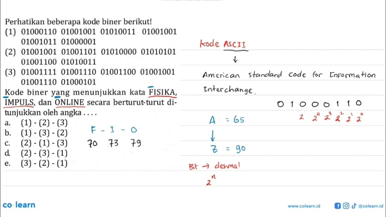 Perhatikan beberapa kode biner berikut! (1) 01000110