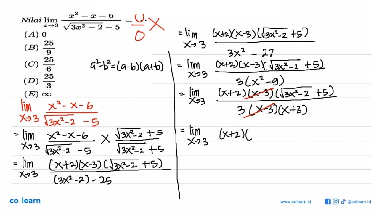 Nilai lim x->3 (x^2-x-6)/(akar(3x^2-2)-5)=...