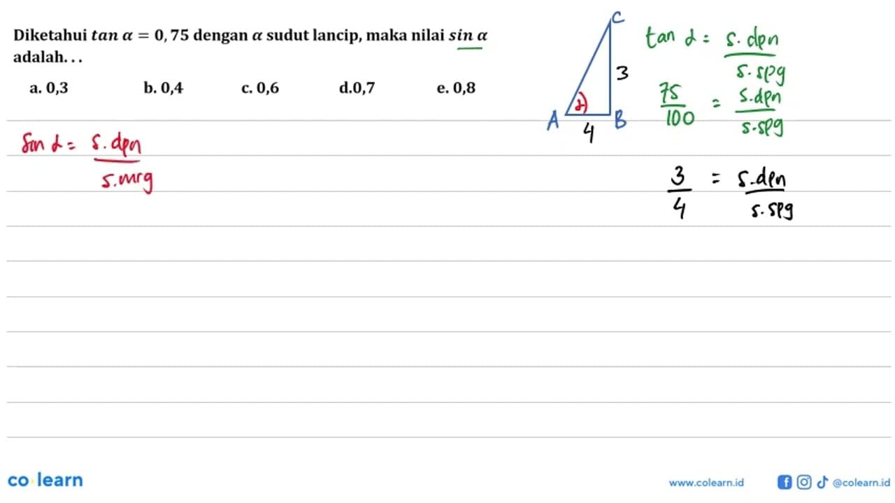 Diketahui tan a=0,75 dengan a sudut lancip, maka nilai sin