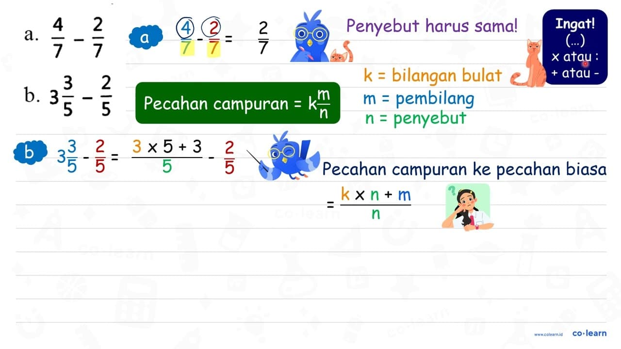 a. (4)/(7)-(2)/(7) b. 3 (3)/(5)-(2)/(5)