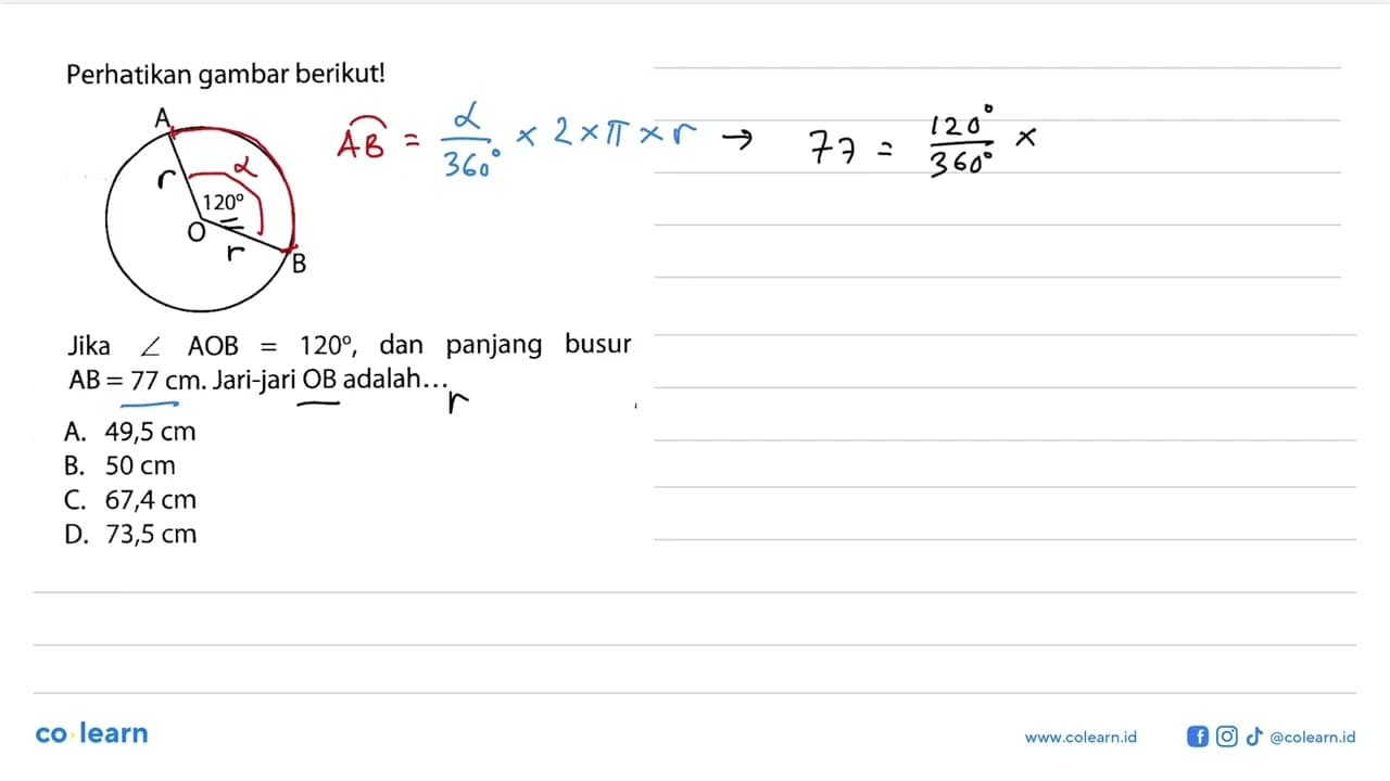 Perhatikan gambar berikut!Jika sudut AOB=120, dan panjang