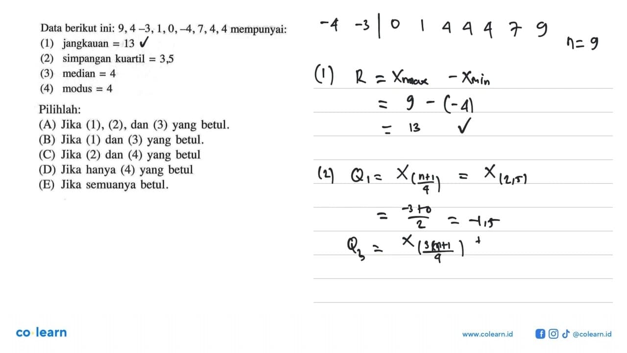 Data berikut ini: 9, 4, -3, 1, 0, -4, 7, 4, 4 mempunyai: