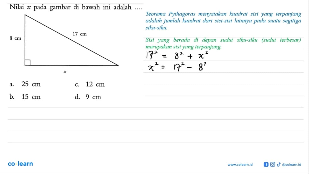 Nilai x pada gambar di bawah ini adalah... 8 cm 17 cm xa.