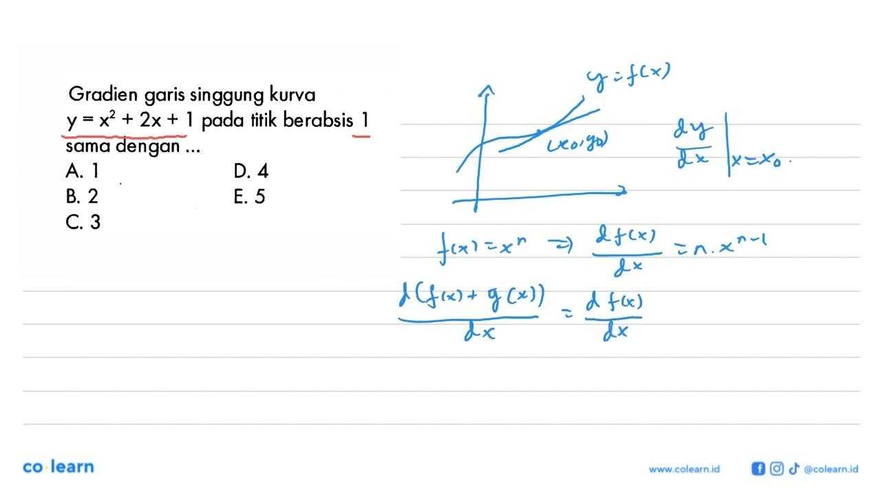 Gradien garis singgung kurva y=x^2+2x+1 pada titik berabsis