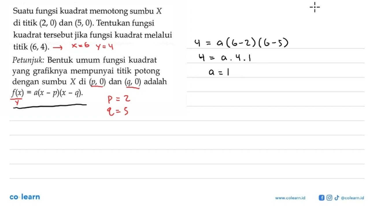Suatu fungsi kuadrat memotong sumbu X di titik (2,0) dan