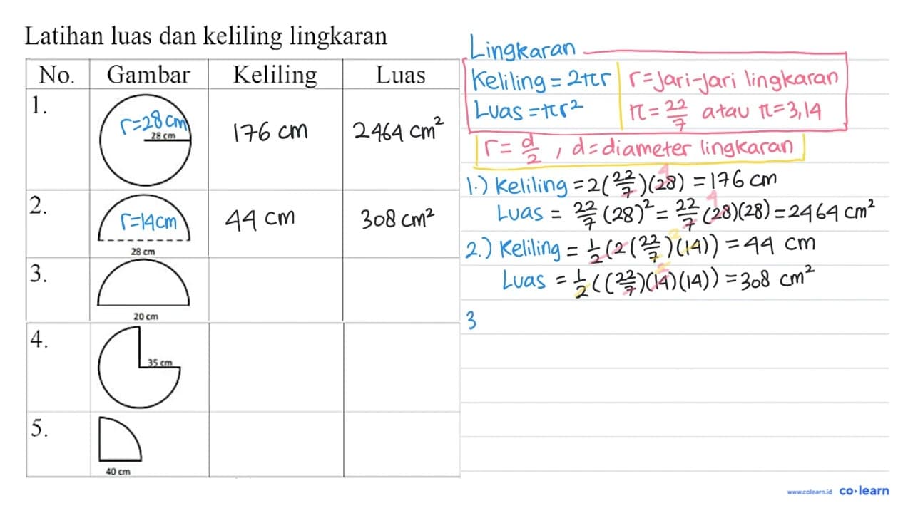 Latihan luas dan keliling lingkaran No. Gambar Keliling