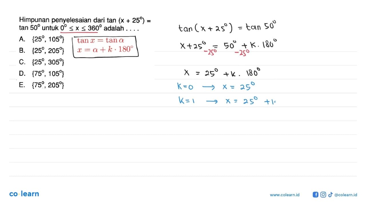 Himpunan penyelesaian dari tan(x+25)=tan 50 untuk 0<=x<=360