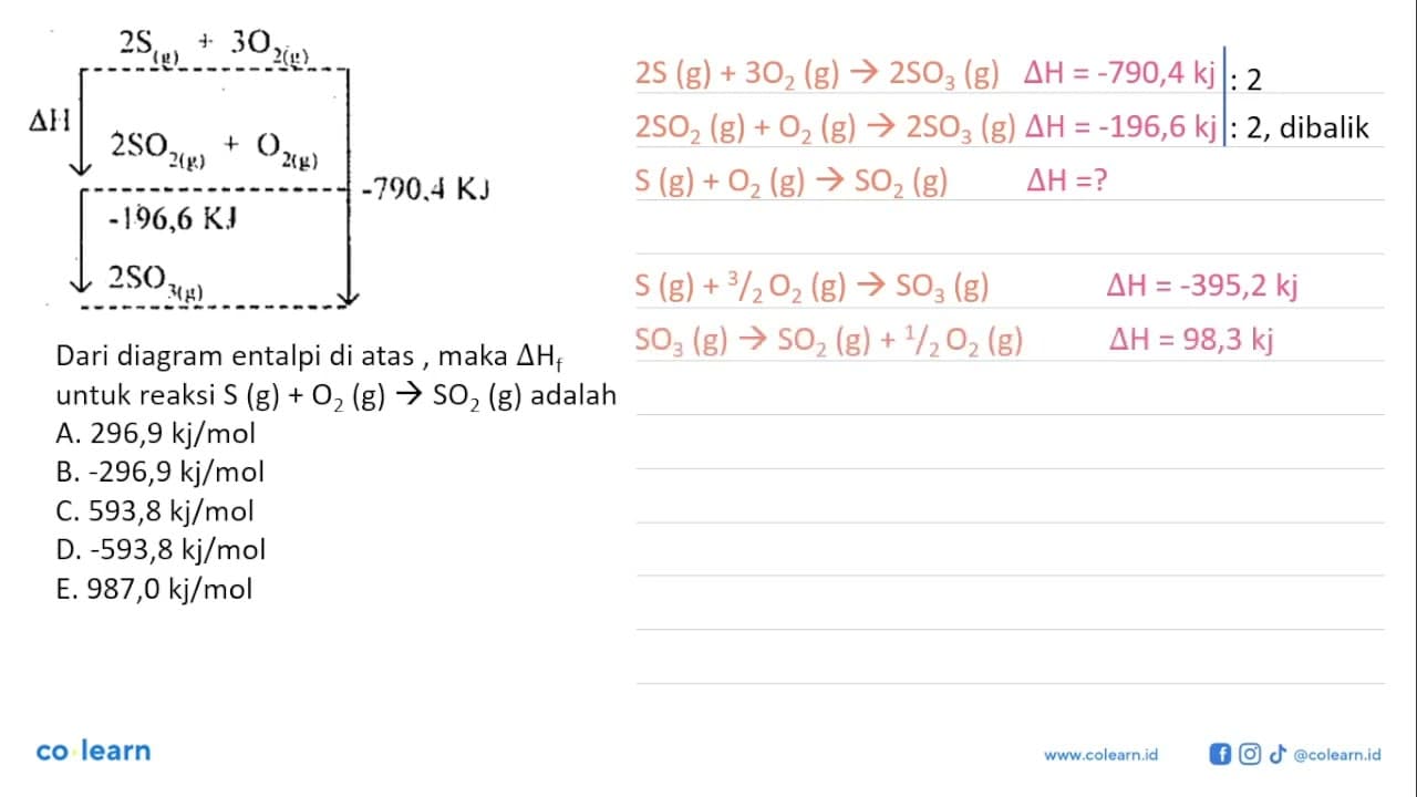 2 S (g) + 3 O2 (g) delta H 2 SO2 (g) + O2 (g) -790,4 KJ