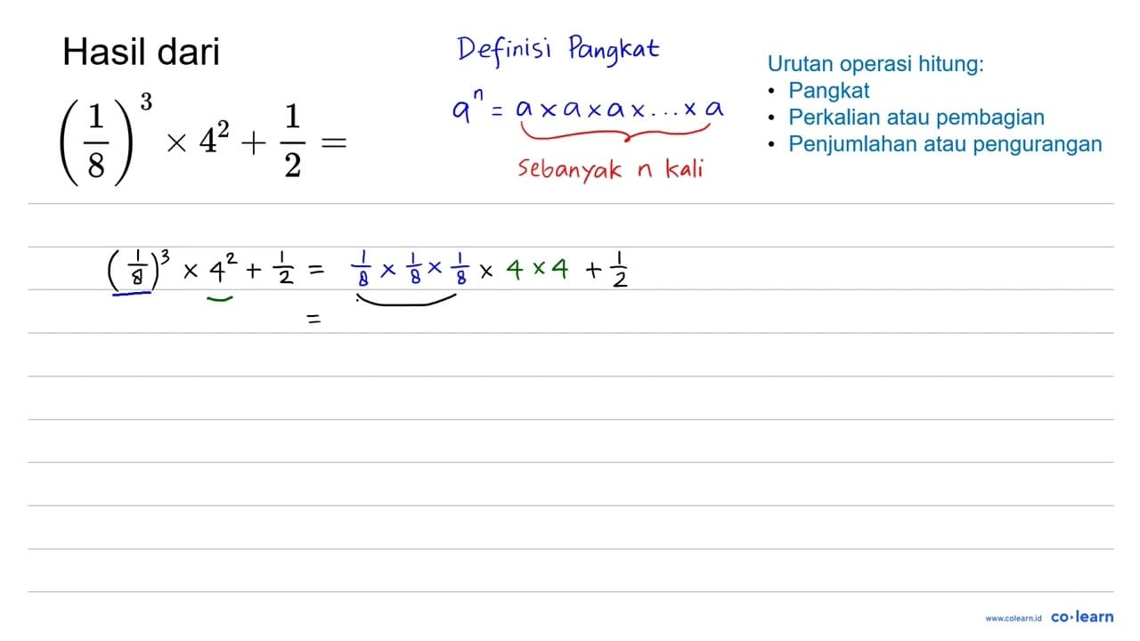 ((1)/(8))^(3) x 4^(2)+(1)/(2)=