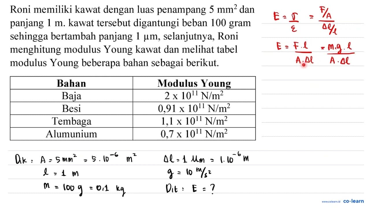 Roni memiliki kawat dengan luas penampang 5 mm^(2) dan