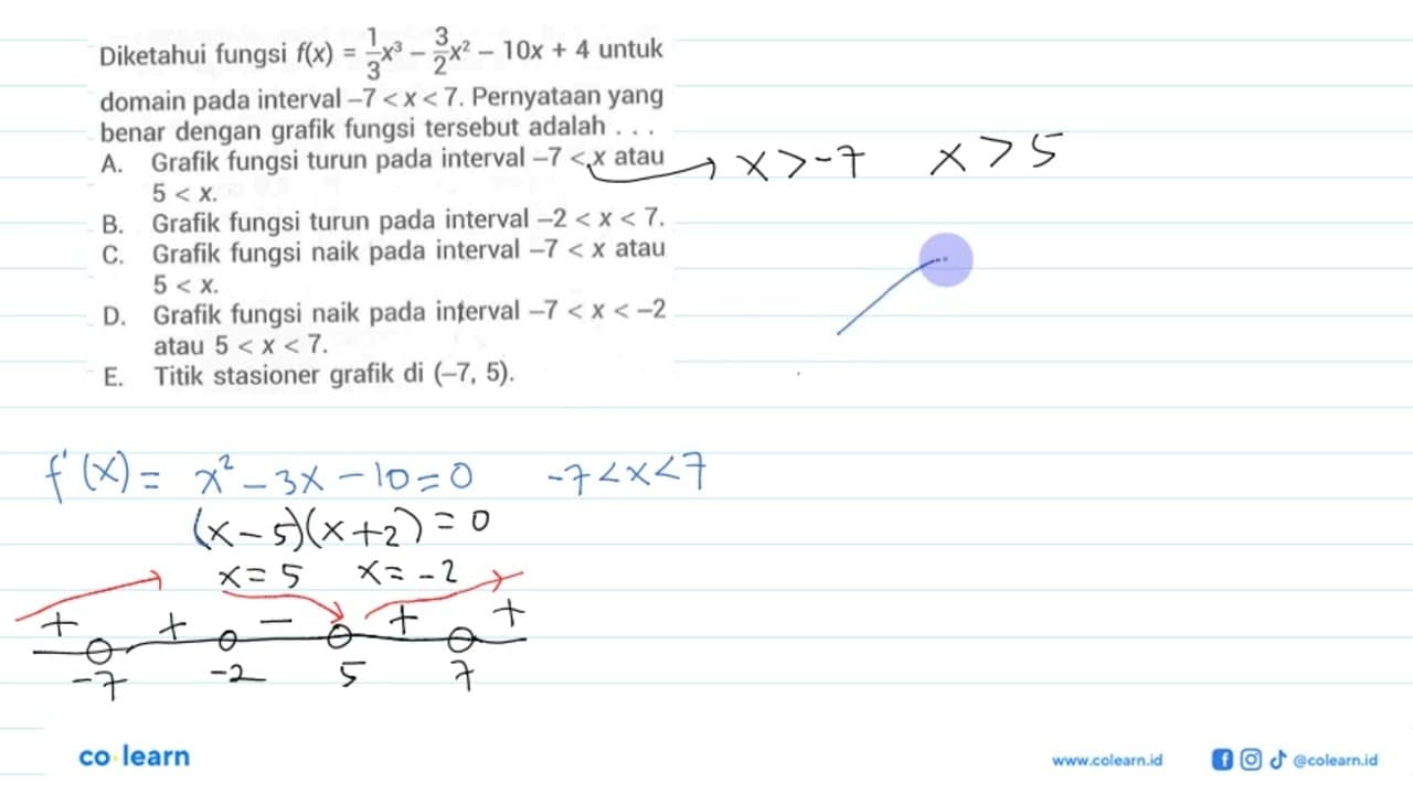 Diketahui fungsi f(x)=1/3 x^3-3/2 x^2-10x+4 untuk domain