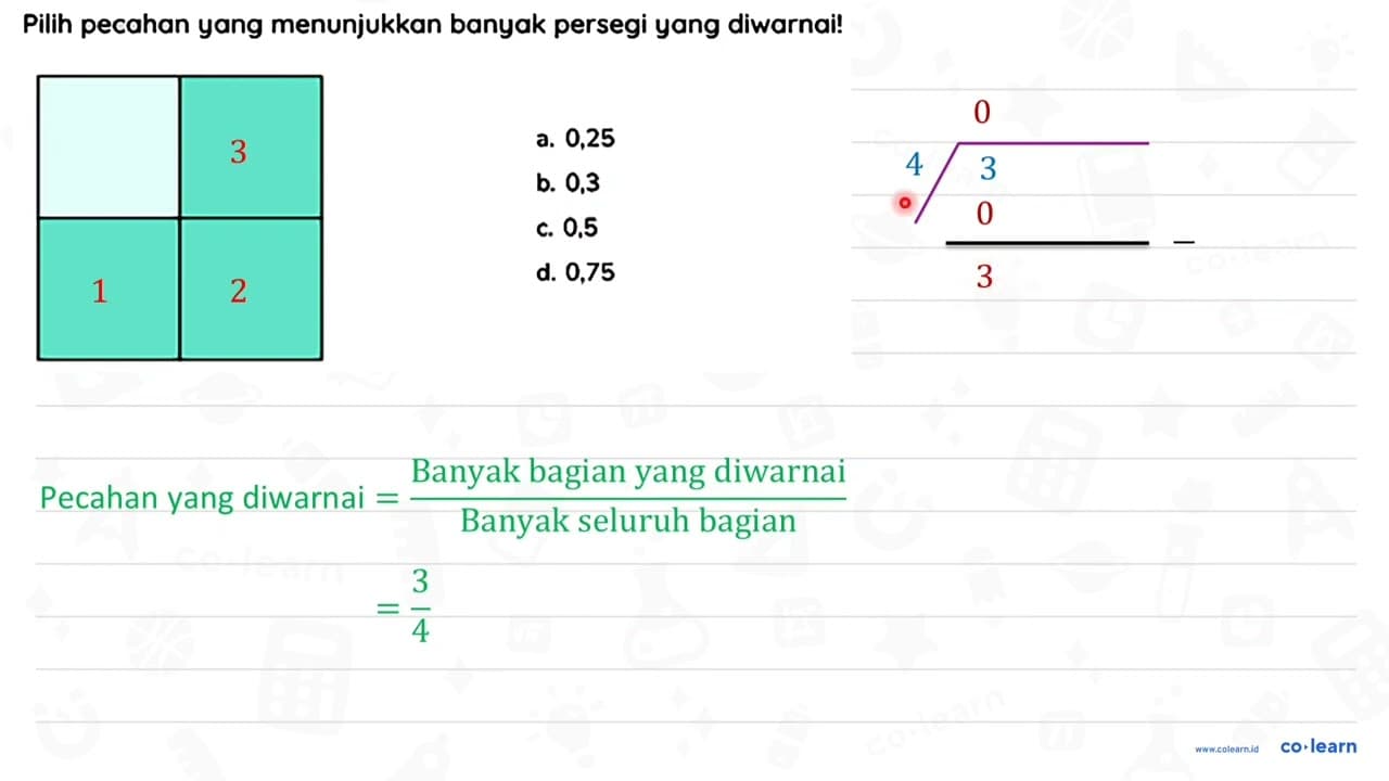 Pilih pecahan yang menunjukkan banyak persegi yang