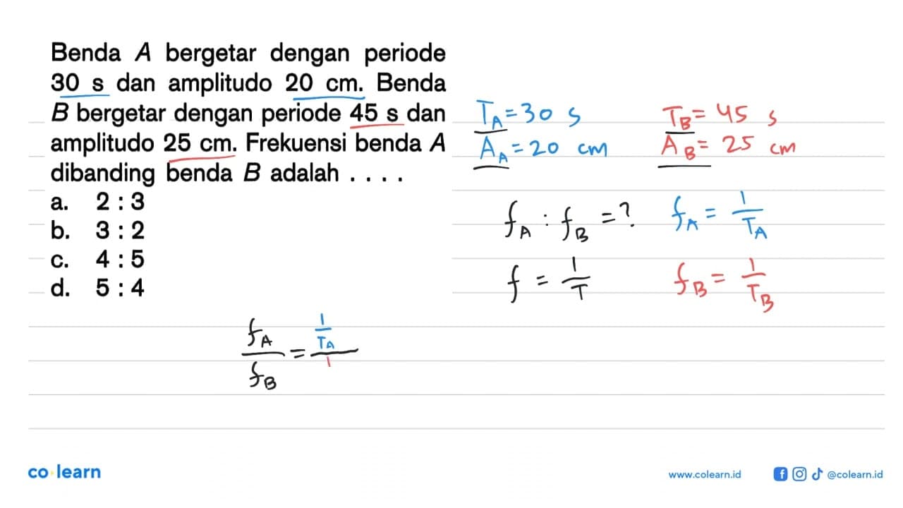 Benda A bergetar dengan periode 30 s dan amplitudo 20 cm.