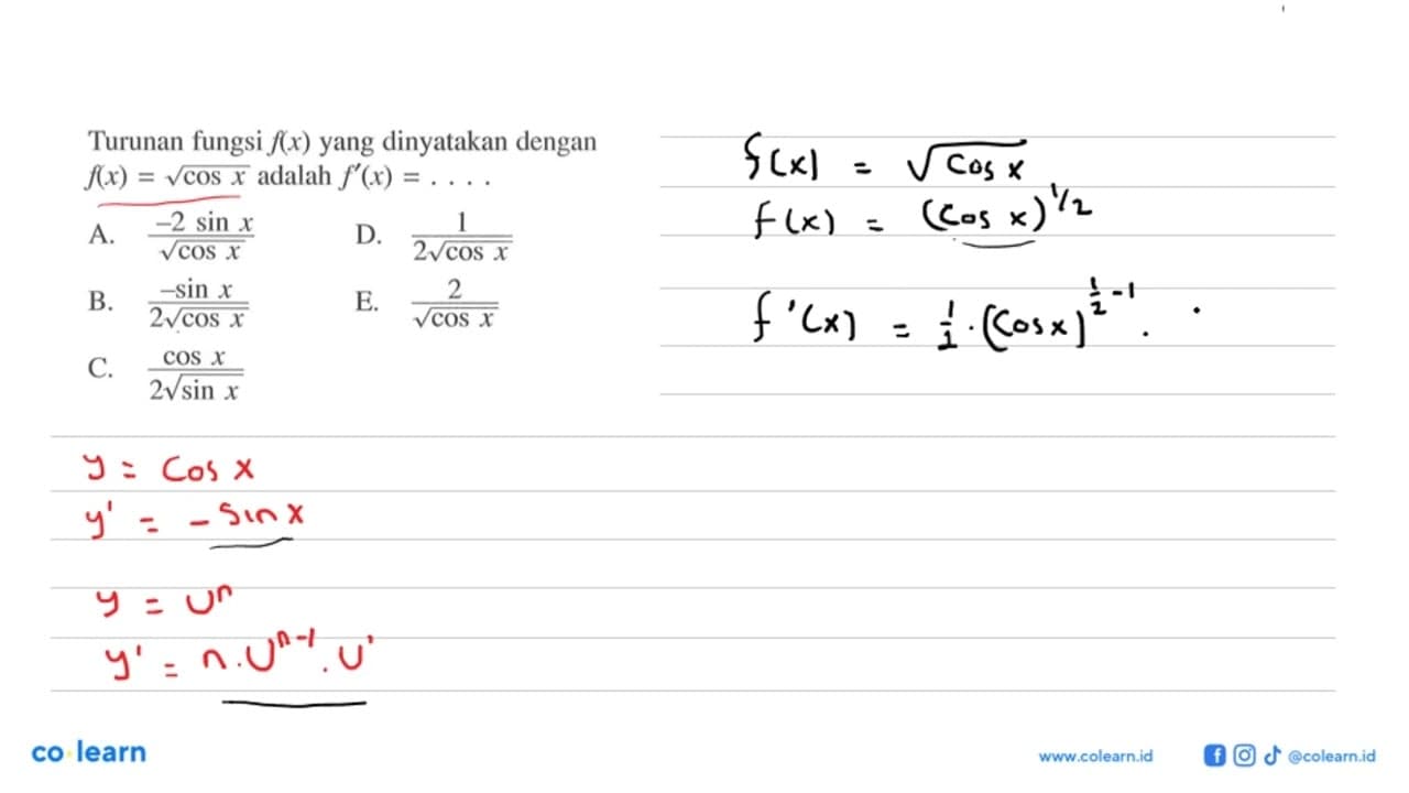 Turunan fungsi f(x) yang dinyatakan dengan f(x) =akar(cos