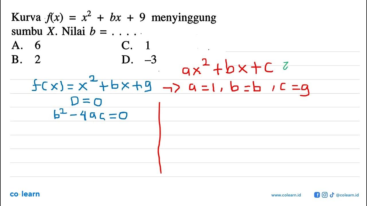 Kurva f(x) = x^2 + bx + 9 menyinggung sumbu X. Nilai b =...