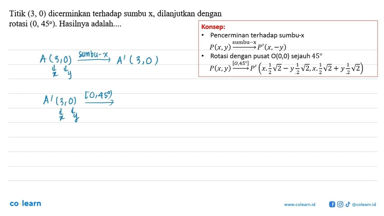 Titik (3, 0) dicerminkan terhadap sumbu x, dilanjutkan