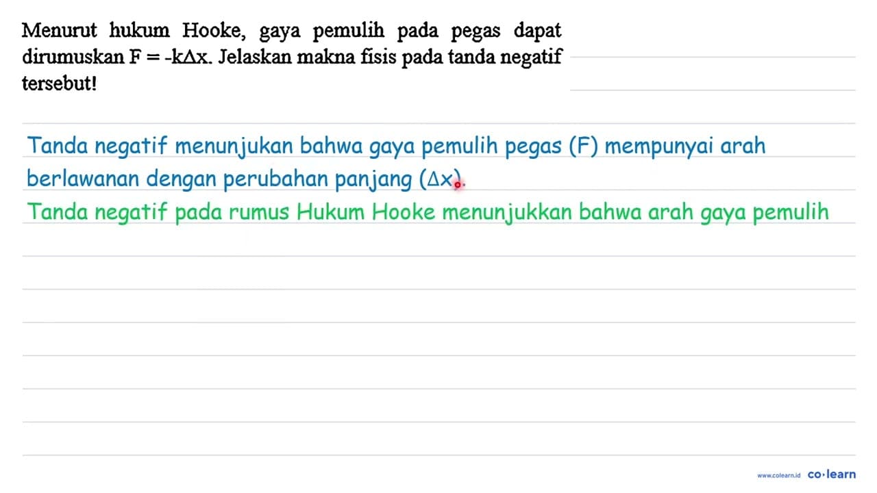 Menurut hukum Hooke, gaya pemulih pada pegas dapat