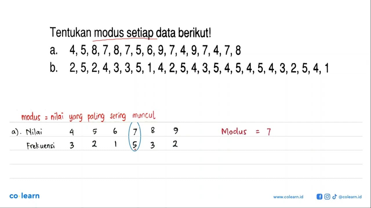 Tentukan modus setiap data berikut. a.4,5,8,7,