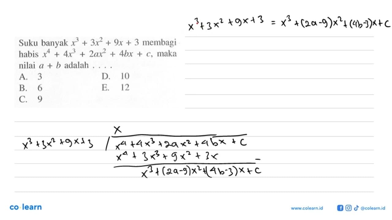 Suku banyak x^3+3x^2+9x+3 membagi habis