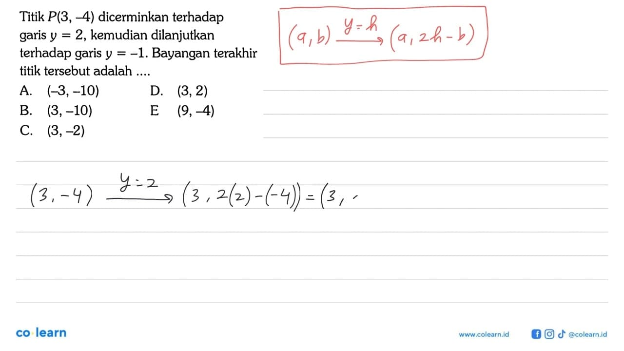 Titik P(3,-4) dicerminkan terhadap garis y=2 , kemudian