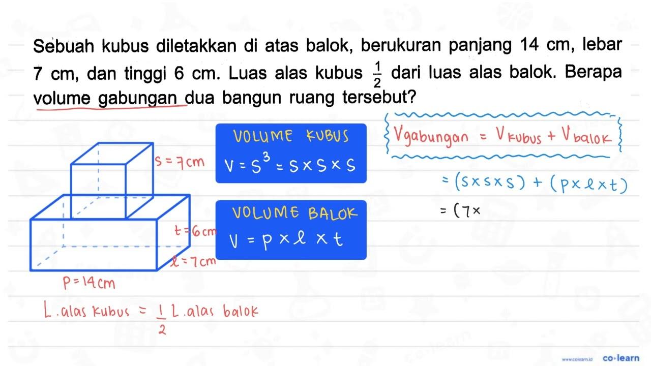 Sebuah kubus diletakkan di atas balok, berukuran panjang 14