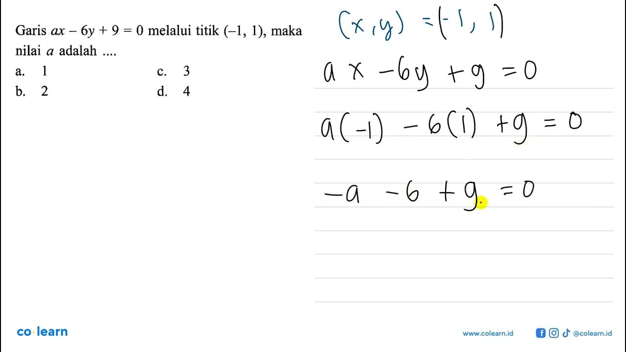 Garis ax - 6y + 9 = 0 melalui titik (-1, 1), maka nilai a