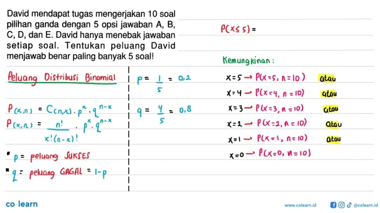 David mendapat tugas mengerjakan 10 soal pilihan ganda